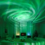 Effet lumineux vert en spirale dans un salon moderne avec décoration minimaliste, créant une ambiance futuriste et mystérieuse.
