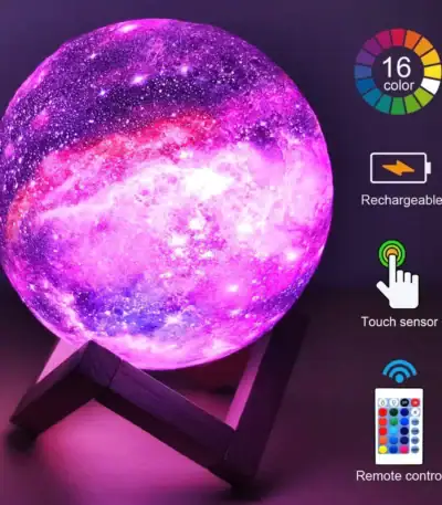 Lampe lune LED avec 16 couleurs, contrôle tactile, rechargeable, idéale pour décoration scientifique ou d'ambiance.