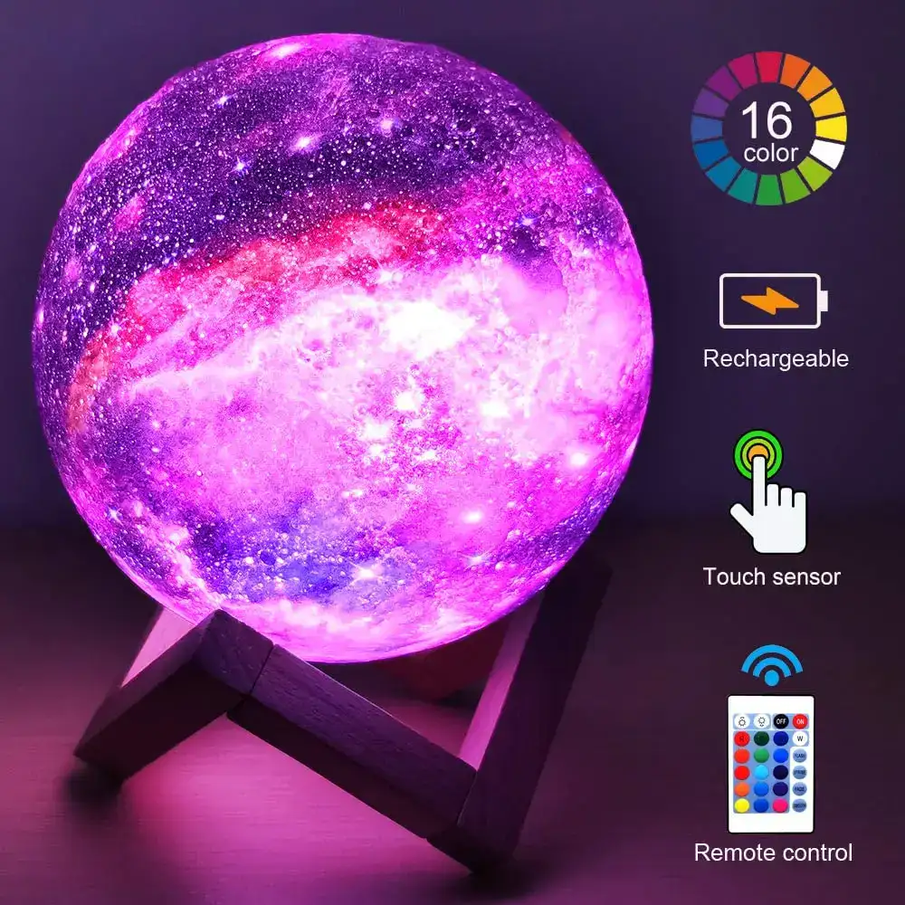 Lampe lune LED avec 16 couleurs, contrôle tactile, rechargeable, idéale pour décoration scientifique ou d'ambiance.