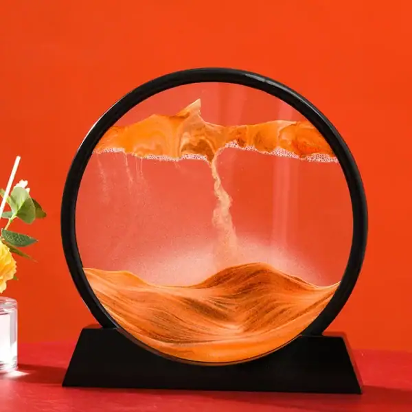Porte-objets en verre avec sable orange, décor scientifique élégant et moderne, parfait pour la décoration intérieure ou comme objet de collection.