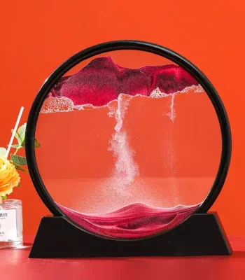 Panneau de décoration scientifique avec un modèle de volcan en éruption miniature dans un cadre circulaire, idéal pour une décoration de bureau ou d'espace éducatif.