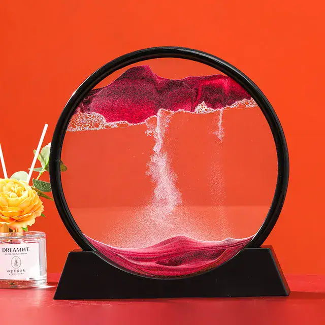 Panneau de décoration scientifique avec un modèle de volcan en éruption miniature dans un cadre circulaire, idéal pour une décoration de bureau ou d'espace éducatif.