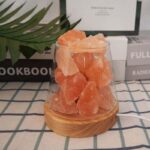 Gros cristaux de sel rose de l'Himalaya dans un bocal en verre sur un socle en bois, avec un fond de livres et une plante verte.