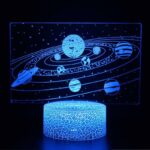 Lumière LED bleue représentant le système solaire avec planètes et étoiles, décor scientifique lumineux pour une ambiance éducative ou décorative.