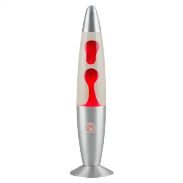 Lampe lava avec liquide rouge et base en métal argenté, idéale pour décoration scientifique ou comme objet de curiosité.