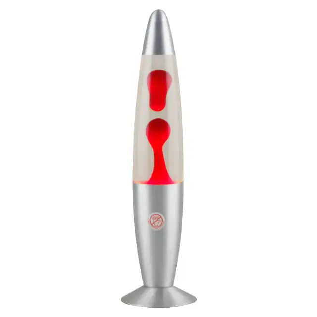 Lampe lava avec liquide rouge et base en métal argenté, idéale pour décoration scientifique ou comme objet de curiosité.