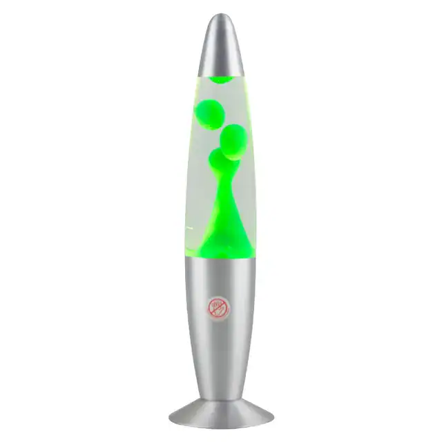 Lampe lava lumineuse avec liquide vert en mouvement, idéale pour la décoration scientifique ou comme objet ludique.