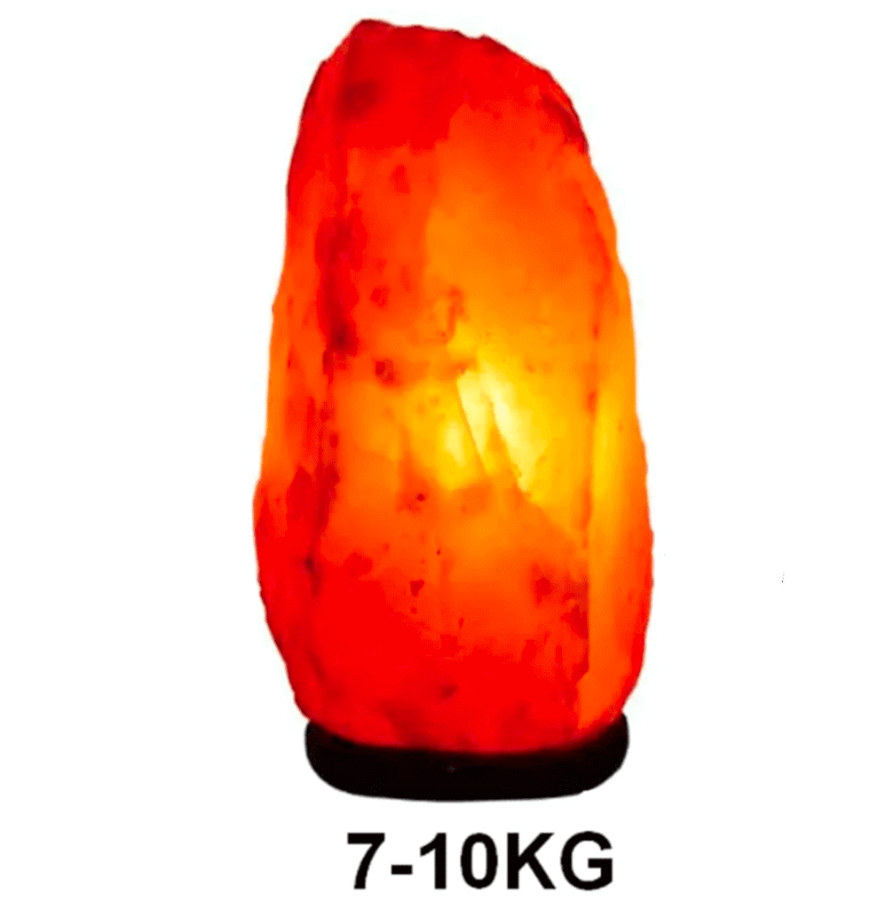 Lampe de sel Himalaya, poids 7 à 10 kg, illuminée, apportant une ambiance chaleureuse et relaxante.