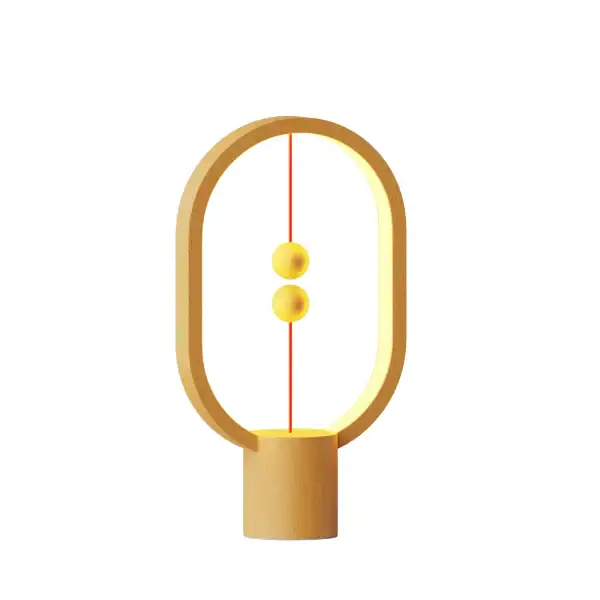 Lampe de design moderne inspirée de la physique, avec deux sphères jaunes suspendues dans un cadre en bois, idéale pour la décoration scientifique.
