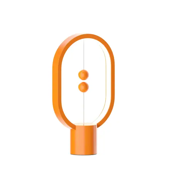 Lampe de bureau moderne en forme d'ovale orange avec deux boutons au centre, idéale pour la décoration scientifique ou moderne.