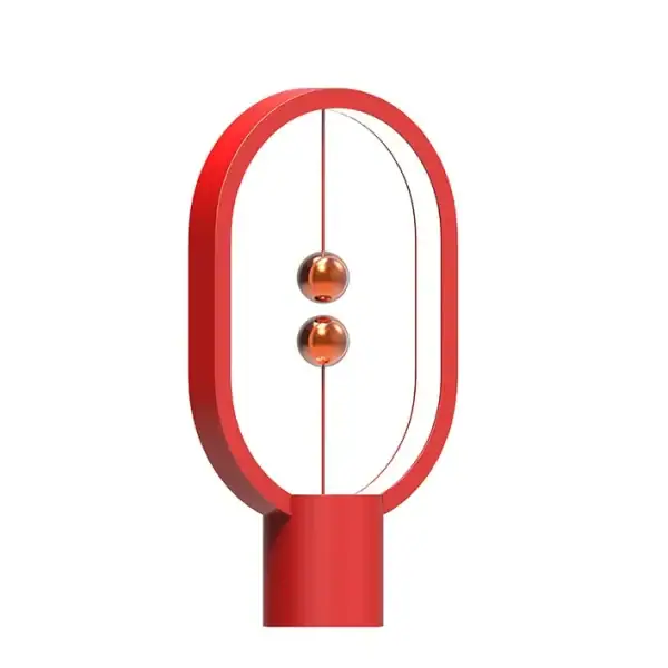 Lampe Newton en verre rouge avec cadre ovale en métal, design moderne et scientifique, idéale pour décoration de bureau ou salon.