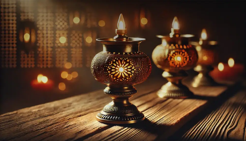 Lampe à huile en métal avec motifs perforés, ambiance chaleureuse et vintage.