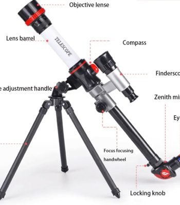 Télescope astronomique avec trépied, objectif, miroir, oculaire, et accessoires pour l'observation du ciel. Parfait pour l'astronomie amateur et la décoration scientifique.