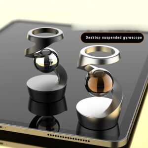 Support gyroscope suspendu pour bureau avec boule en verre et structure en métal, idéal pour la décoration scientifique ou comme objet de bureau original.