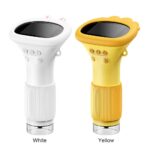 Un stéthoscope numérique coloré, blanc et jaune, avec écran tactile et boutons de contrôle.