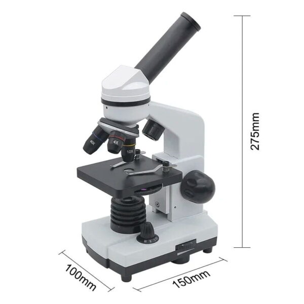 Microscope scientifique avec objectif multiple, éclairage LED, et platine réglable, idéal pour l'observation précise en laboratoire ou à la maison.