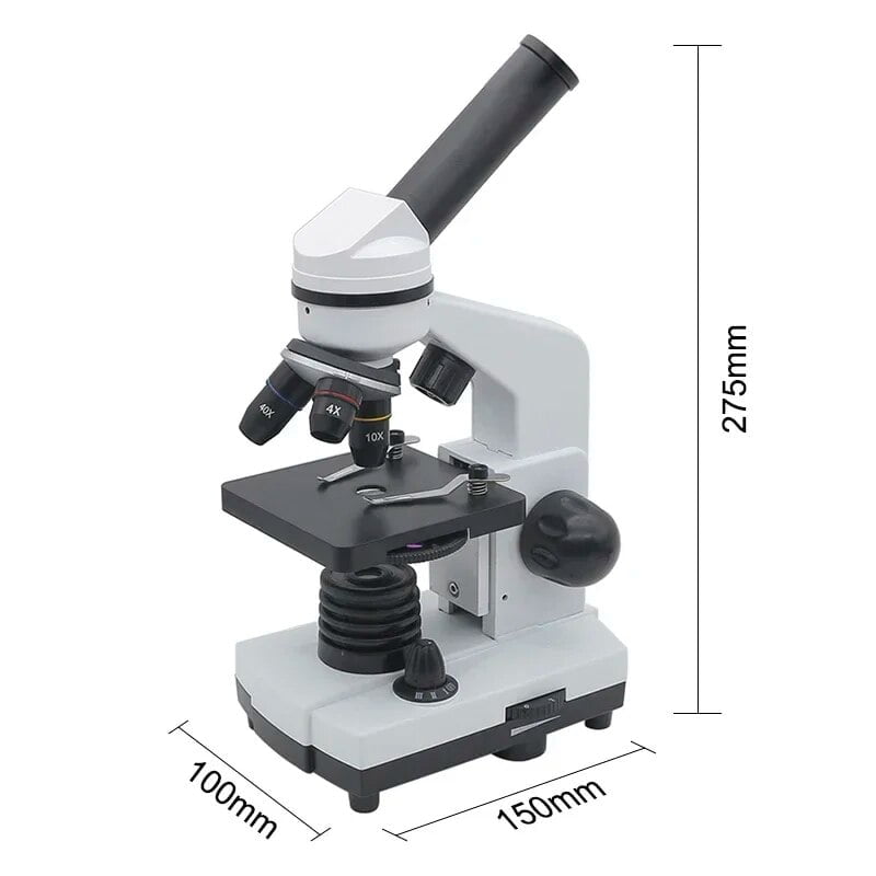 Microscope scientifique avec objectif multiple, éclairage LED, et platine réglable, idéal pour l'observation précise en laboratoire ou à la maison.