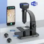 Microscope numérique connecté avec WiFi, compatible avec smartphone, équipé de deux objectifs (500x et 2000x), idéal pour la science et la recherche.