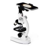 Microscope de laboratoire avec support pour smartphone, idéal pour l'observation scientifique et l'enseignement, permettant de capturer des images via un téléphone mobile.