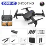 Drone caméra 4K avec télécommande, batteries, hélices, protections, câble USB, manuel, sac de transport, et supports. Parfait pour la photographie et la vidéo aérienne de haute qualité.
