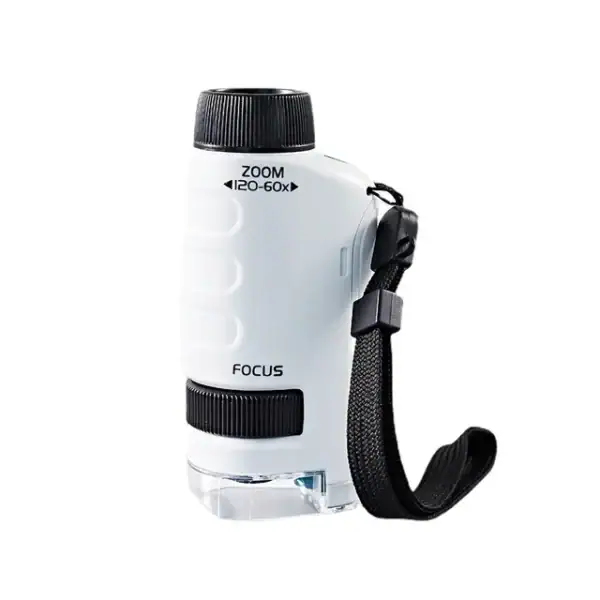 Lentille de microscope compacte avec zoom 60x, idéale pour l'observation scientifique en déplacement.