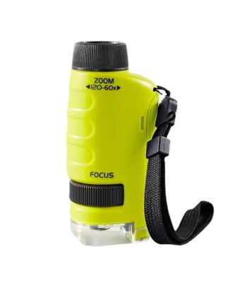 Lunette de vision compacte en vert fluo avec zoom 60x, idéale pour l'observation scientifique ou la nature. Facile à transporter grâce à sa dragonne intégrée.