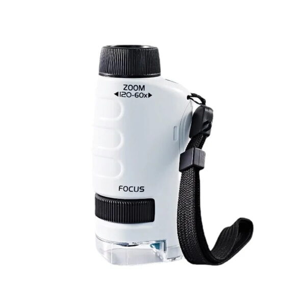 Lunette de microscope compacte avec zoom 60x, idéale pour l'observation scientifique en déplacement. Facile à transporter grâce à sa dragonne intégrée.