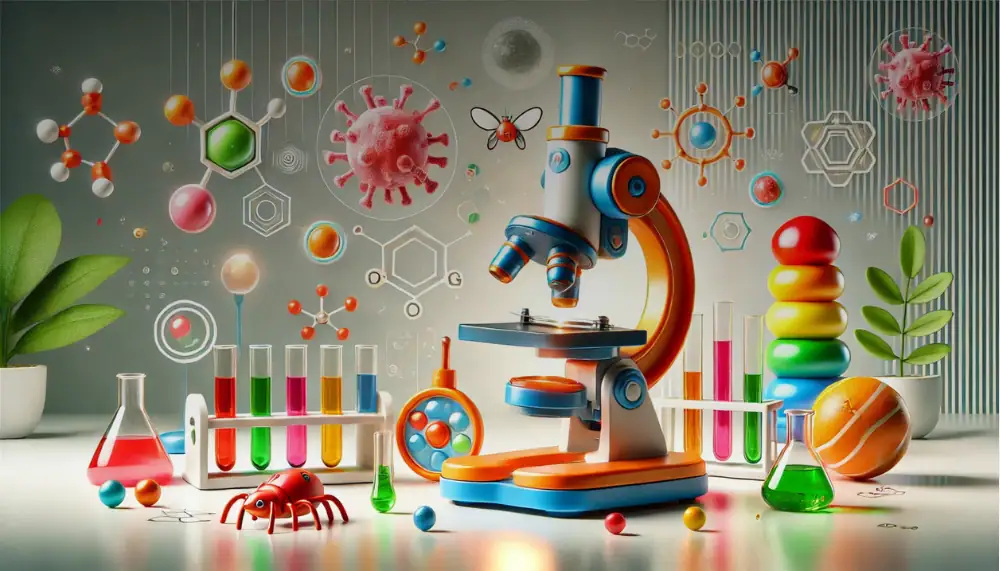 Microscope de laboratoire entouré de molécules, virus, et instruments de recherche en sciences naturelles.