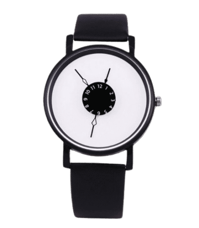 Montre à affichage unique avec cadran minimaliste et design innovant, combinant science et style pour une utilisation quotidienne ou comme objet de décoration scientifique.
