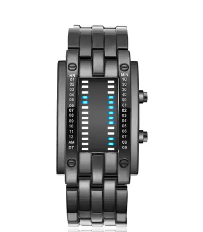 Montre scientifique moderne avec affichage numérique, design industriel en métal noir, idéale pour les amateurs de gadgets technologiques et de décoration d'inspiration scientifique.