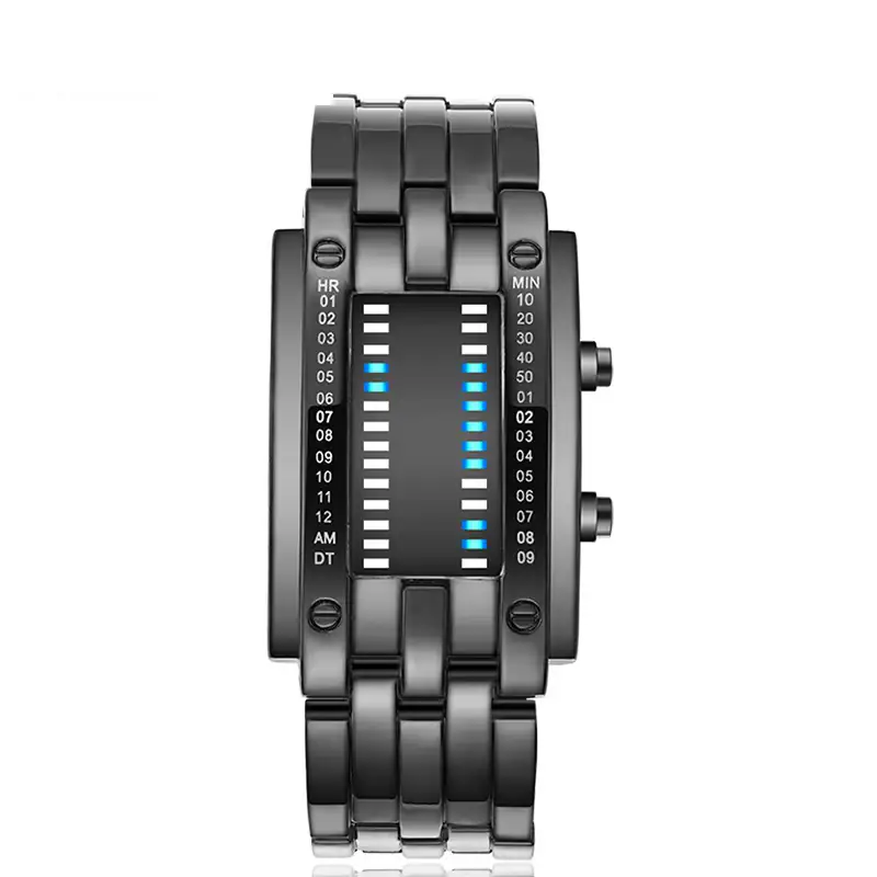 Montre scientifique moderne avec affichage numérique, design industriel en métal noir, idéale pour les amateurs de gadgets technologiques et de décoration d'inspiration scientifique.