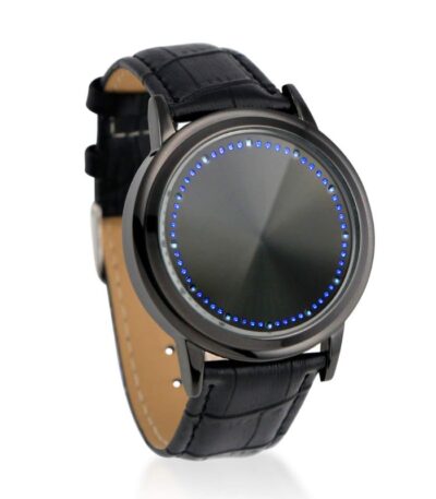 Montre connectée avec écran circulaire et LED bleues, design moderne et élégant, idéale pour la technologie et la décoration scientifique.