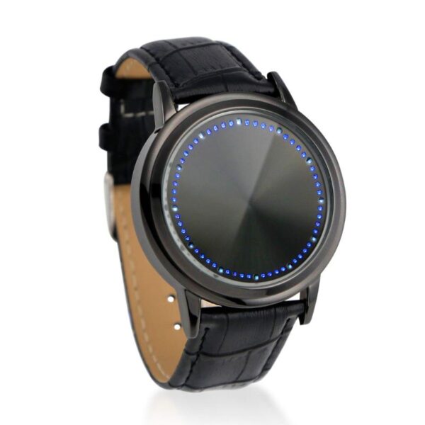 Montre connectée avec écran circulaire et LED bleues, design moderne et élégant, idéale pour la technologie et la décoration scientifique.