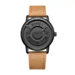 Montre à cadran noir avec chiffres romains et bracelet en cuir beige, design élégant et contemporain, idéale pour les amateurs de science et de style.