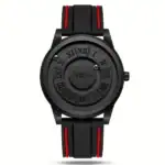 Montre moderne en silicone noir avec détails rouges, design minimaliste, affichage unique, idéal pour la décoration scientifique ou comme accessoire tendance.
