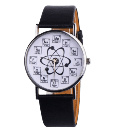 Montre avec cadran inspiré du tableau périodique des éléments et motif atomique, idéale pour les amateurs de science et de décoration geek.