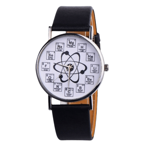 Montre avec cadran inspiré du tableau périodique des éléments et motif atomique, idéale pour les amateurs de science et de décoration geek.