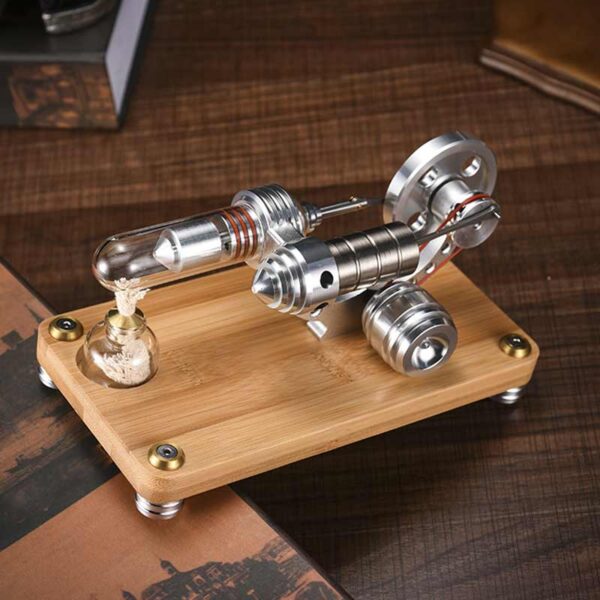 Véhicule à vapeur en métal et bois, modèle scientifique miniature, parfait pour décoration ou collection éducative.