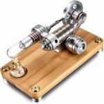 Pistolet à vapeur en métal pour expériences scientifiques, monté sur support en bois, idéal pour démonstrations éducatives et activités de laboratoire.