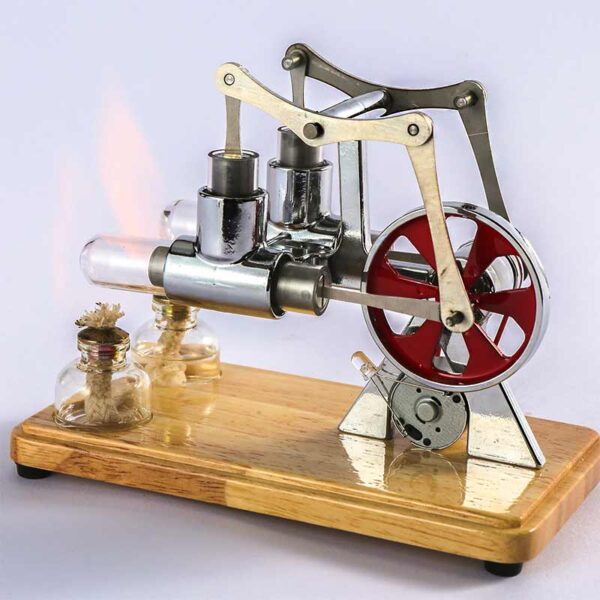 Modèle réduit de moteur à vapeur en bois et métal avec engrenages et cylindre, posé sur une base en bois, illustrant une expérience scientifique vintage.