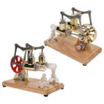 Modèle réduit de machine à vapeur en bois et métal, parfait pour la décoration scientifique ou comme objet de collection.