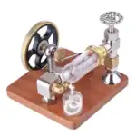Modèle réduit de périscope de laboratoire avec roues, valves et tube en verre, monté sur une base en bois, illustrant un dispositif scientifique miniature.