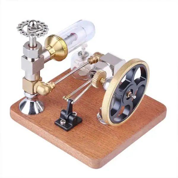Moteur à vapeur miniature en bois et métal avec engrenages et cylindre transparent, parfait pour la décoration scientifique et l'apprentissage de la mécanique.