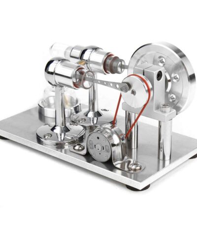 Modèle de machine scientifique en métal avec composants en verre et engrenages, illustrant un dispositif de laboratoire ou une expérience scientifique.