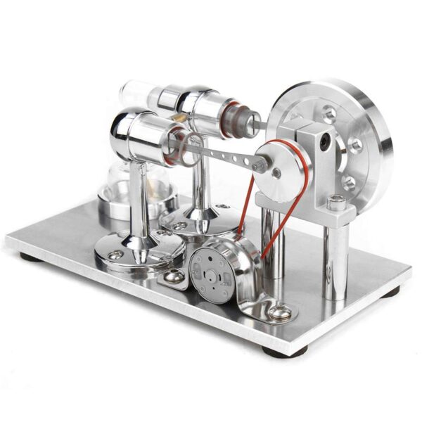 Modèle de machine scientifique en métal avec composants en verre et engrenages, illustrant un dispositif de laboratoire ou une expérience scientifique.