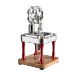 Modèle de presse à vapeur scientifique vintage avec roues en métal, structure en bois et éléments en métal, parfait pour décoration ou expérience éducative.