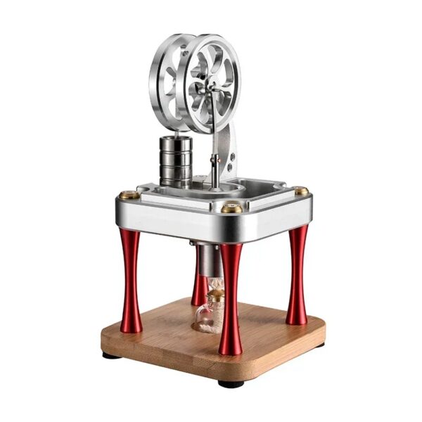 Modèle de presse à vapeur scientifique vintage avec roues en métal, structure en bois et éléments en métal, parfait pour décoration ou expérience éducative.