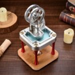 Modèle de presse à vapeur scientifique vintage en bois et métal, parfait pour la décoration de bureau ou d'étagère avec un style industriel et rétro.