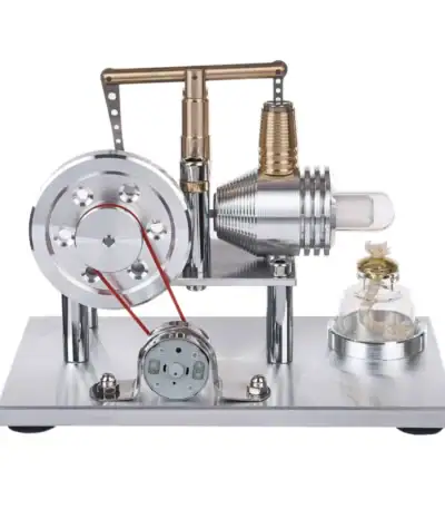 Modèle de machine scientifique en métal avec composants mécaniques et électroniques, utilisé pour des expériences ou démonstrations en laboratoire.
