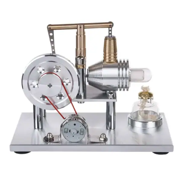 Modèle de machine scientifique en métal avec composants mécaniques et électroniques, utilisé pour des expériences ou démonstrations en laboratoire.